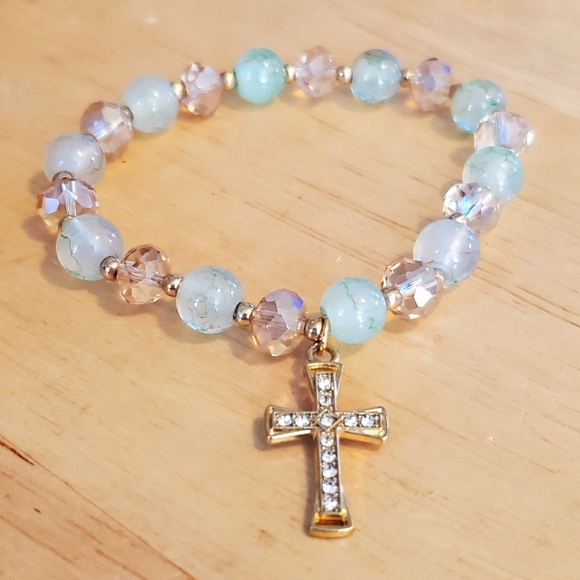 Jewelry - Gold and Genuine Green Stone Beaded Cross Bracelet